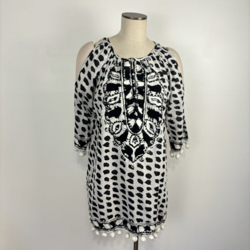 Top It Off Womens M Black White Cold Shoulder Pompom Cover Up Dress Embroidered